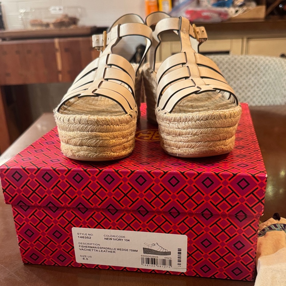 Tory Burch White Leather Espadrille Wedges